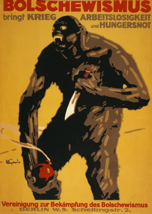 Framed Print : World War I, Bolshevism, German poster shows a monster as a Bolshevik holding a knife and a bomb. Text: Bolshevism brings war, unemployment and starvation Framed Print : World War I, Bolshevism, German poster shows a monster as a Bolshevik holding a knife and a bomb. Text: Bolshevism brings war, unemployment and starvation
