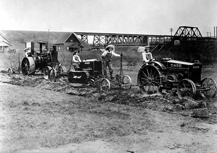 Framed Print : World War I Farmerettes driving tractors pulling plows Framed Print : World War I Farmerettes driving tractors pulling plows