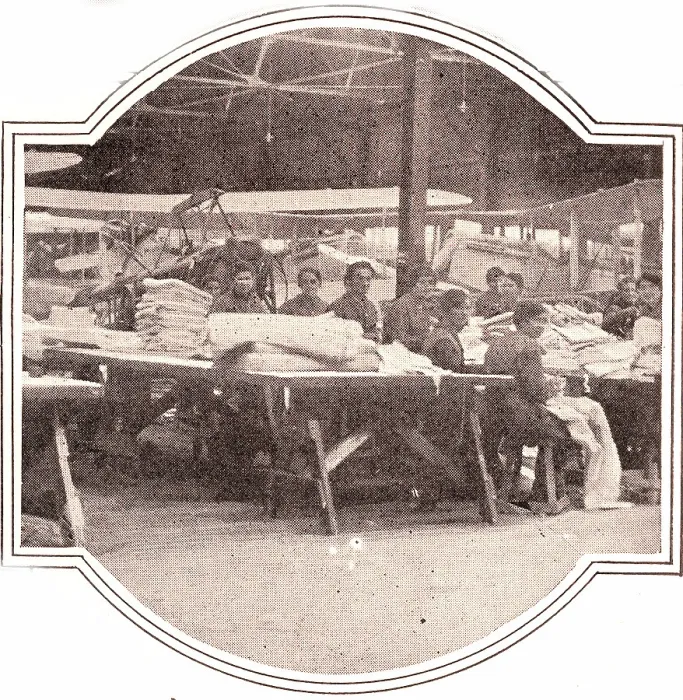 Framed Print : World War I, French women working at an airplane assembly plant sewing sleeves to cover the skeletons of rebuilt aircraft