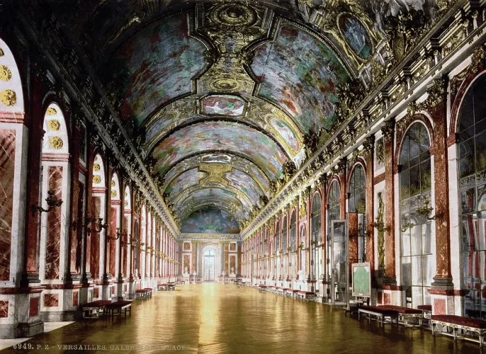 Framed Print : World War I. Gallery of Mirrors, Palace of Versailles, France. The room where the Treaty of Versailles was signed, ending World War I. Photochrom ca. 1900