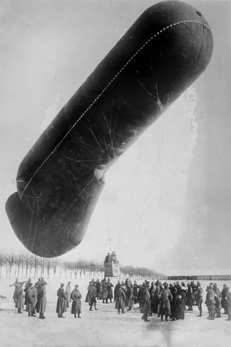 Framed Print : World War I, German observation balloon in snow with soldiers, circa 1914-1918
