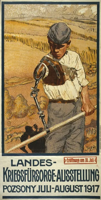 Framed Print : World War I, German Poster shows a disabled veteran with a prosthetic arm using a scythe to harvest wheat, the text announces the National War Relief Exhibition in Pozsony Framed Print : World War I, German Poster shows a disabled veteran with a prosthetic arm using a scythe to harvest wheat, the text announces the National War Relief Exhibition in Pozsony