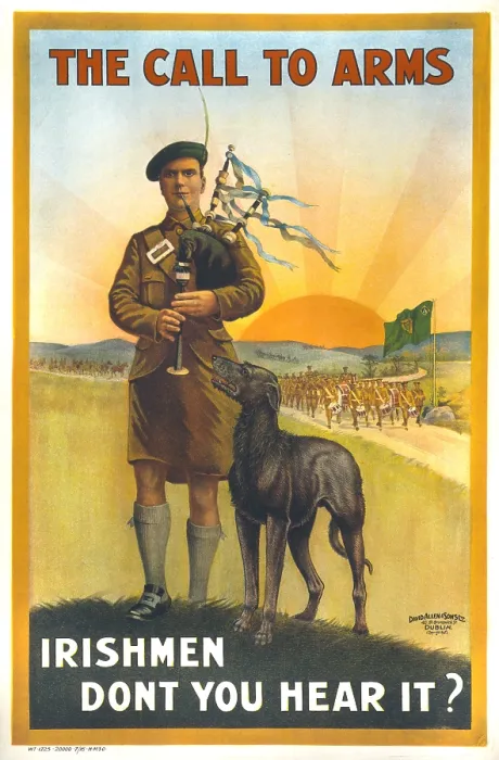 Framed Print : World War I, Irish military recruitment poster showing a kilted Irish soldier playing bagpipes, beside him a dog, with troops in background. The text reads: The call to arms