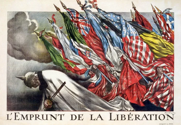 Framed Print : WORLD WAR I, The Liberation Loan, original title: L'Emprunt De La Liberation, The Allied flags bearing down on Kaiser Wilhelm II, print by Abel Faivre, circa 1918 Framed Print : WORLD WAR I, The Liberation Loan, original title: L'Emprunt De La Liberation, The Allied flags bearing down on Kaiser Wilhelm II, print by Abel Faivre, circa 1918