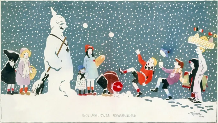 Framed Print : WORLD WAR I, The Little War, Children playing in the snow and throwing snowballs at a snowman resembling the Kaiser