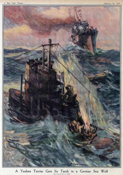Framed Print : World War I, The New York Tribune, caption of illustration reads: A Yankee Terrier Gets Its Teeth in a German Sea Wolf, February 16, 1919 Framed Print : World War I, The New York Tribune, caption of illustration reads: A Yankee Terrier Gets Its Teeth in a German Sea Wolf, February 16, 1919