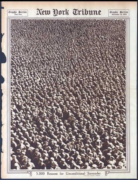 Framed Print : World War I, The New York Tribune, caption of photo showing disarmed German soldiers: 5, 000 reasons for unconditional surrender, November 10, 1918