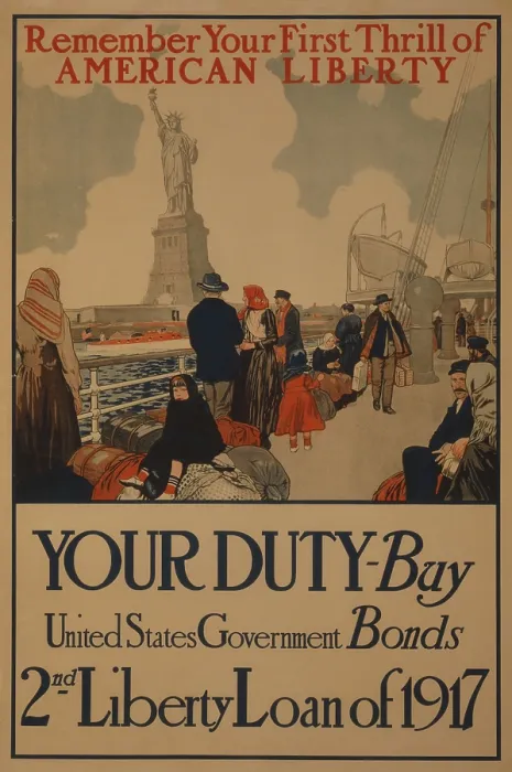 Framed Print : World War I poster aimed at recent American immigrants, urging them to purchase United States war bonds in 1917 Framed Print : World War I poster aimed at recent American immigrants, urging them to purchase United States war bonds in 1917