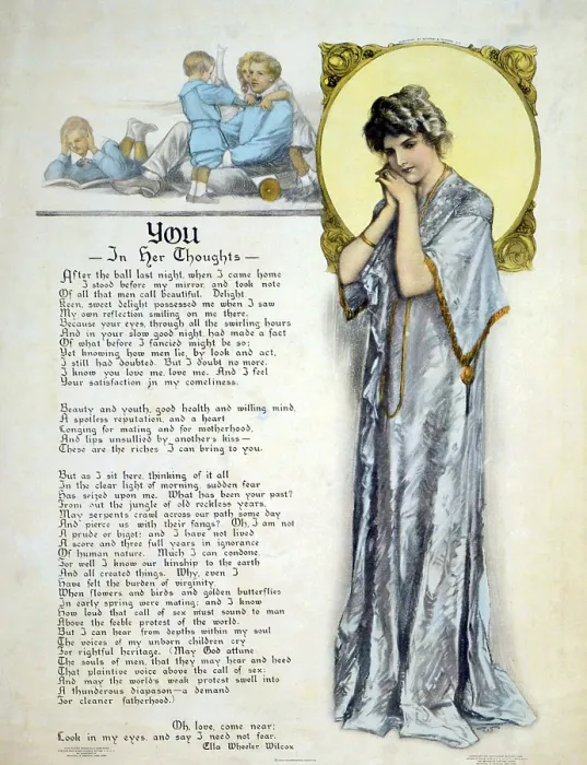 Framed Print : World War I poster showing a contemplative young woman, a family group