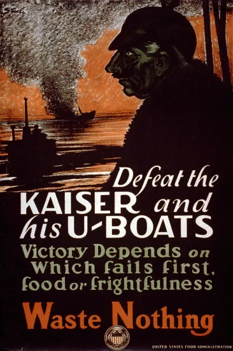 Framed Print : WORLD WAR I, poster showing a dark figure and a U-boat Framed Print : WORLD WAR I, poster showing a dark figure and a U-boat