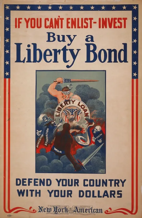 Framed Print : World War I, Poster showing figure America with shield Liberty Loan fighting against Devastation, Starvation, War, Pestilence, and Death Framed Print : World War I, Poster showing figure America with shield Liberty Loan fighting against Devastation, Starvation, War, Pestilence, and Death