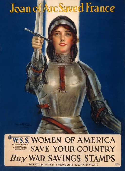 Framed Print : World War I, Poster showing Joan of Arc raising a sword, original title: Joan of Arc saved France, Women of America, save your country. Buy War Savings Stamps