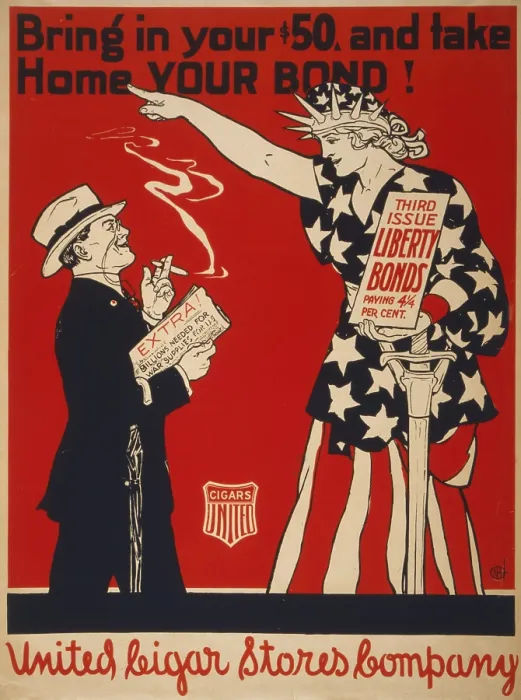 Framed Print : World War I, poster showing Liberty directing a well-dressed cigar smoker to buy bonds, original title: Bring in your $50, and take home your bond Framed Print : World War I, poster showing Liberty directing a well-dressed cigar smoker to buy bonds, original title: Bring in your $50, and take home your bond
