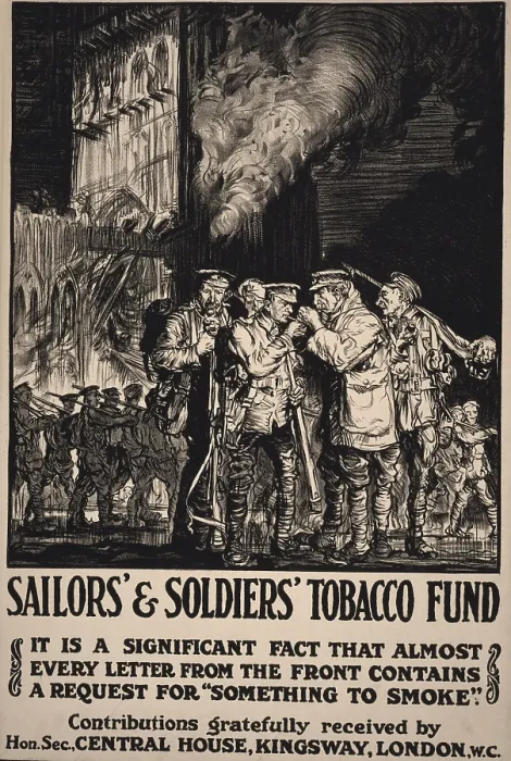 Framed Print : World War I, poster showing soldiers smoking outside a damaged church, as other soldiers march by, original title: Sailors & Soldiers Tobacco Fund