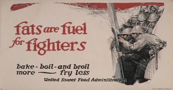 Framed Print : World War I, poster showing soldiers in a trench, text reads: Fats are fuel for fighters Bake, boil, and broil more - fry less, lithograph, 1917 Framed Print : World War I, poster showing soldiers in a trench, text reads: Fats are fuel for fighters Bake, boil, and broil more - fry less, lithograph, 1917