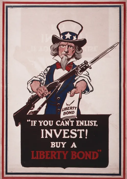 Framed Print : World War I, poster showing Uncle Sam with rifle and bayonet, offering a Liberty Bond, text reads: If you can't enlist, invest! Buy a Liberty bond, poster: 1917