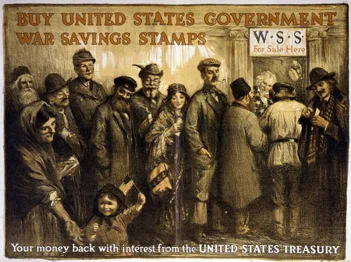 Framed Print : World War I, Poster showing a variety of people lined up at a window tended by Uncle Sam, beneath a sign W.S.S Framed Print : World War I, Poster showing a variety of people lined up at a window tended by Uncle Sam, beneath a sign W.S.S