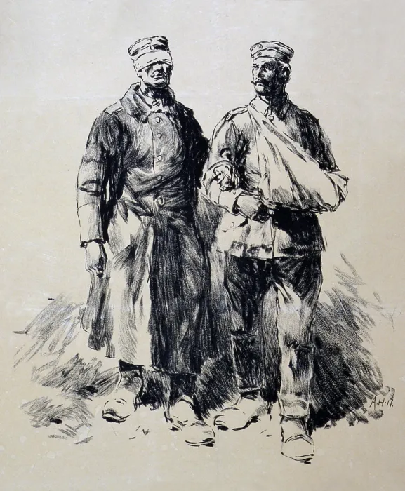 Framed Print : World War I, Poster shows wounded German veterans, a blind soldier being led by a soldier with his arm in a sling, lithograph by Dr. C. Wolf U. Sohn, 1917