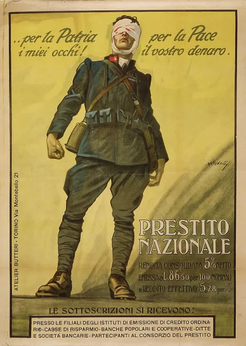 Framed Print : World War I, Poster shows a wounded Italian soldier with blood stained bandages wrapped around his eyes. Text: For the country, my eyes, for peace, your money Framed Print : World War I, Poster shows a wounded Italian soldier with blood stained bandages wrapped around his eyes. Text: For the country, my eyes, for peace, your money