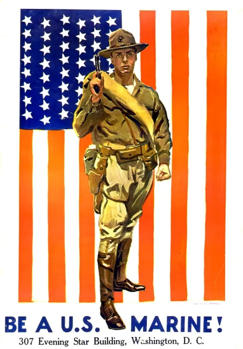 Framed Print : World War I, recruitment poster by James Montgomery Flagg, the text reads: Be a U.S. Marine! circa 1918