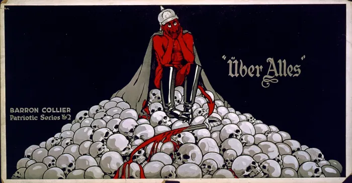 Framed Print : World War I, streetcar advertisement showing the devil as a German Soldier on a mound of skulls, bloodied sword at his feet. The text reads: Uber alles