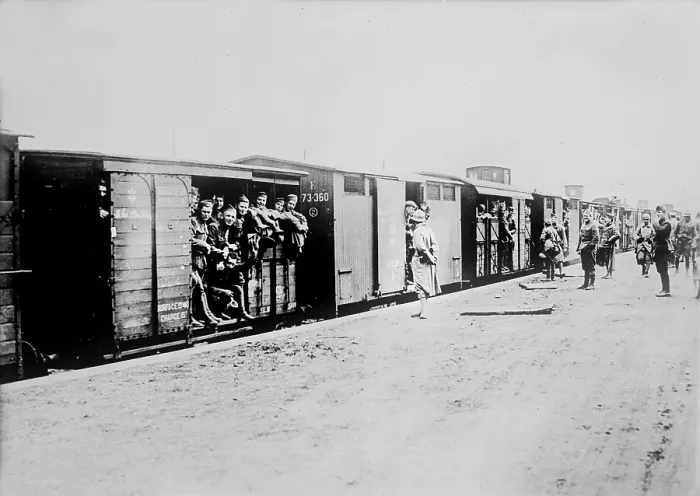 Framed Print : World War I, U.S. soldiers aboard a train in France, circa 1914-1918