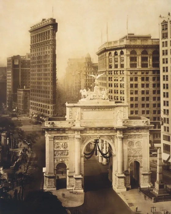Framed Print : World War I Victory Arch, on Fifth Avenue near Madison Sqaure Park in 1919. In the near distance is the Flatiron Building, built in 1902 by architect Daniel Burnham