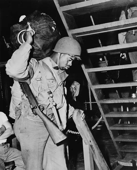 Framed Print : World War II, African American soldier carrying sack and rifle, circa 1940-1946 Framed Print : World War II, African American soldier carrying sack and rifle, circa 1940-1946