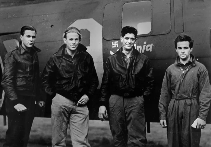 Framed Print : World War II, Four American airmen who were among seven surviving the crash of their Flying Fortress in the North Sea on the return trip from a bombing missing over Hamm, Germany Framed Print : World War II, Four American airmen who were among seven surviving the crash of their Flying Fortress in the North Sea on the return trip from a bombing missing over Hamm, Germany