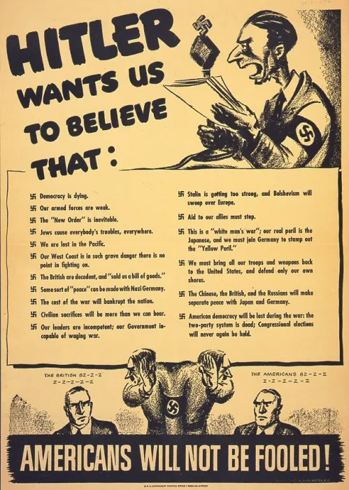Framed Print : World War II, American war propaganda with caricature of Josef Goebbels (top), and Adolf Hitler (bottom) whispering into the ears of the Americans and the British