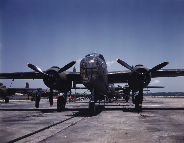 Framed Print : World War II, B-25 bomber planes on the outdoor assembly line at North America Aviation Inc. ready for test flight, photograph by Alfred T