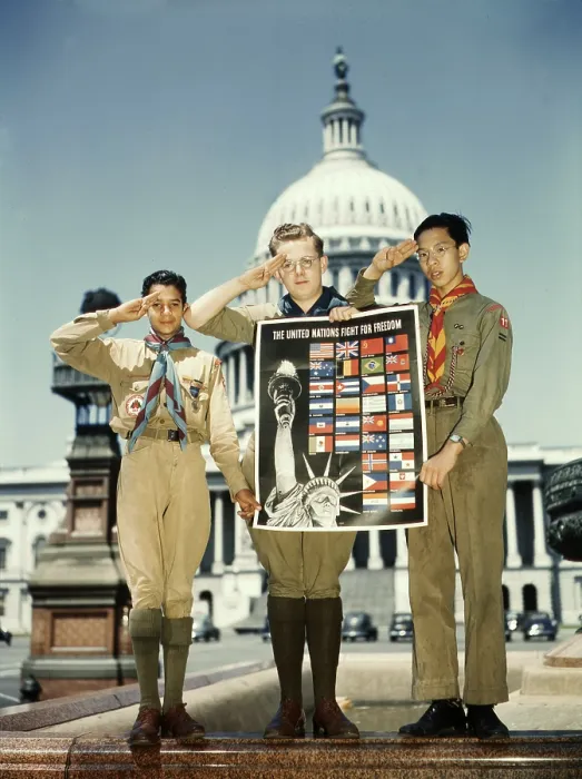Framed Print : World War II, three Boy Scouts with a United Nations poster in front of the Capitol Building, original title: United Nations Fight for Freedom : colored Framed Print : World War II, three Boy Scouts with a United Nations poster in front of the Capitol Building, original title: United Nations Fight for Freedom : colored
