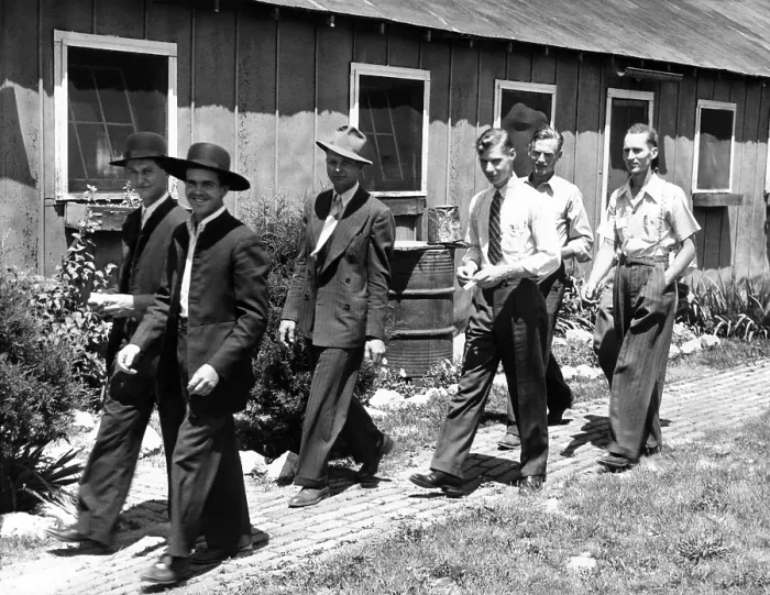 Framed Print : World War II conscientious objectors. Six religious objectors arrive at a former CCC camp in Lagro, Indiana, to begin a year of public service Framed Print : World War II conscientious objectors. Six religious objectors arrive at a former CCC camp in Lagro, Indiana, to begin a year of public service