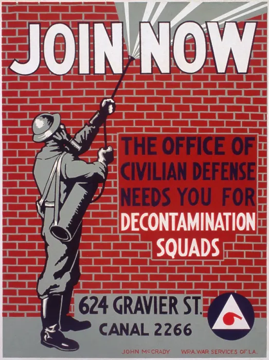 Framed Print : World War II. Join now The office of civilian defense needs you for decontamination squads Color poster, 1941