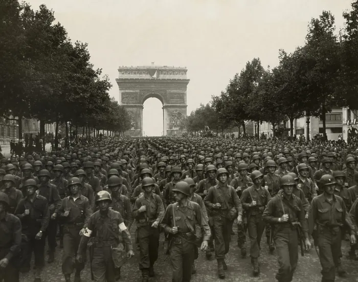 Framed Print : World War II. The liberation of Paris. Victorious American soldiers marching down the Champs Elysees with the Arch de Triomphe behind them on August 26, 1944 Framed Print : World War II. The liberation of Paris. Victorious American soldiers marching down the Champs Elysees with the Arch de Triomphe behind them on August 26, 1944