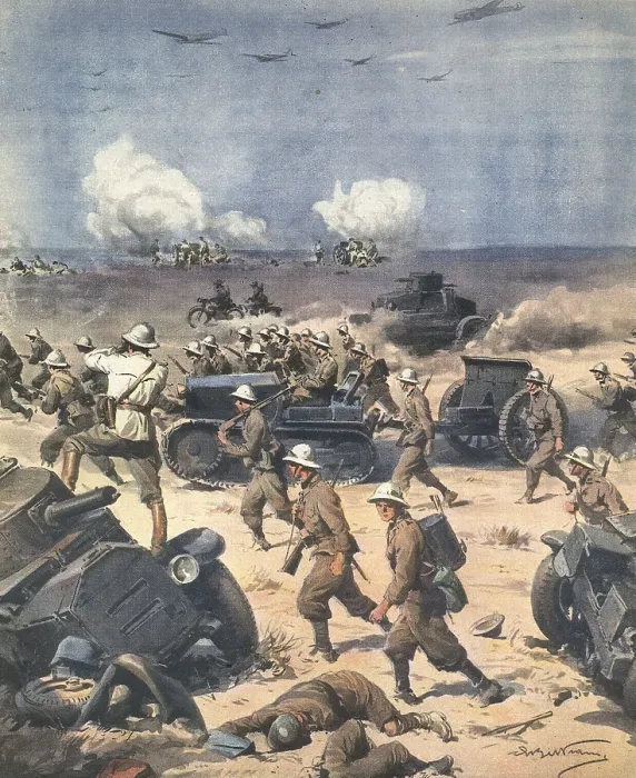 Framed Print : World War II. Libya (North African Campaign). Italian troops in Cyrenaica progress to Egypt. Illustration by Antonio Beltrame. 'La Domenica del Corriere' Framed Print : World War II. Libya (North African Campaign). Italian troops in Cyrenaica progress to Egypt. Illustration by Antonio Beltrame. 'La Domenica del Corriere'