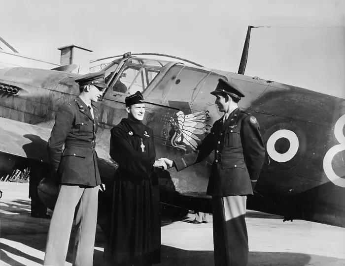 Framed Print : World War II, Lieutenant Hal C. Tunnell, introducing the Reverend R. P. Bougerol, Chaplain of the Lafayette Escadrille, to Lieutenant J. J. Ketcher, circa 1940-1946