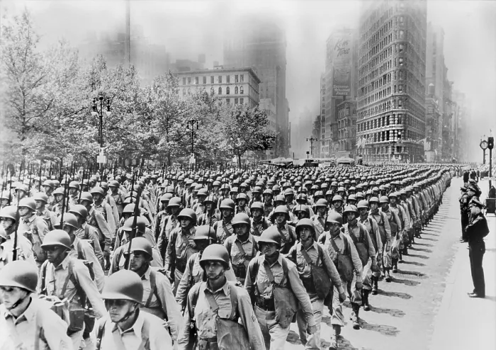Framed Print : World War II, massed infantry units march up Fifth Avenue, New York City, circa June, 1942