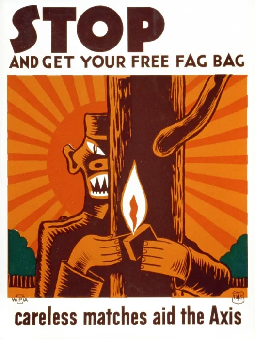 Framed Print : World War II, Poster encouraging use of fag bag for disposal of matches, showing stylized Japanese soldier standing behind a tree with a match Framed Print : World War II, Poster encouraging use of fag bag for disposal of matches, showing stylized Japanese soldier standing behind a tree with a match