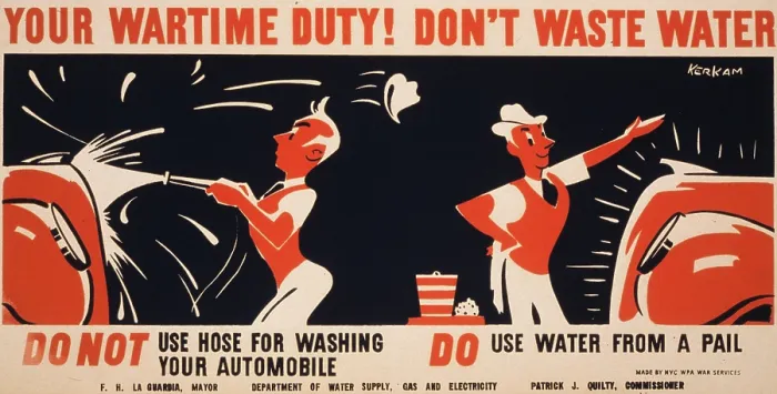 Framed Print : World War II, Poster for a New York City campaign to conserve water, showing a man washing his car. poster by Earl Kerkam, circa 1941-1943