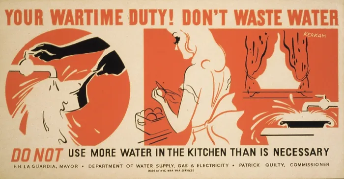 Framed Print : World War II, Poster for a New York City campaign to conserve water, showing a woman cleaning a pan and preparing food. poster by Earl Kerkam, circa 1941-1943