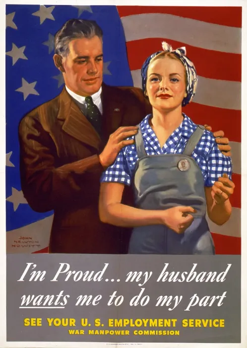 Framed Print : World War II, Poster showing a husband in suit, and wife in working clothes, standing in front a of United States flag, poster reads: I'm proud