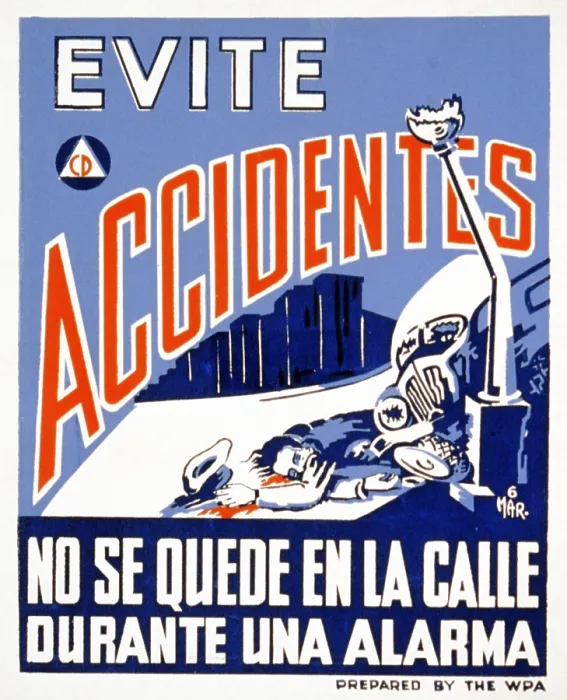 Framed Print : World War II, poster showing a man lying on the sidewalk next to an automobile crashed into a lamp post