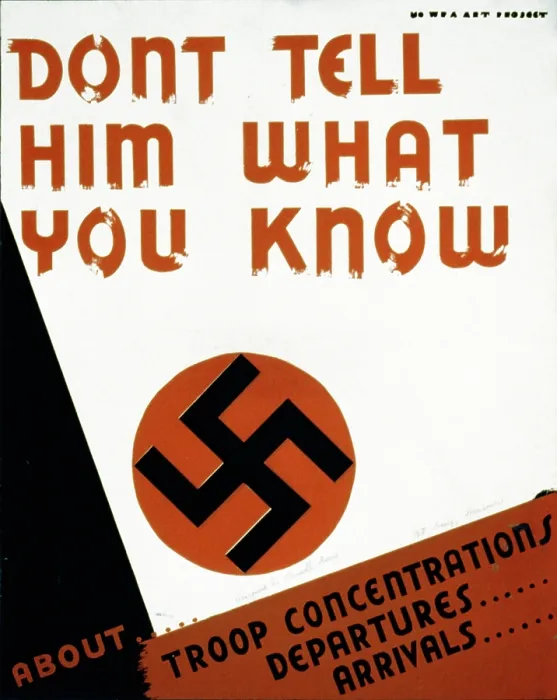 Framed Print : World War II, Poster suggesting careless communication may be harmful to the war effort, showing a swastika, text reads: Dont tell him what you know about