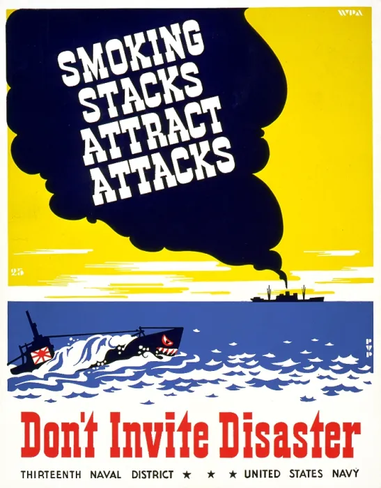 Framed Print : World War II, Poster for Thirteenth Naval District, United States Navy, showing smoke coming from smokestack of ship, Japanese submarine in foreground Framed Print : World War II, Poster for Thirteenth Naval District, United States Navy, showing smoke coming from smokestack of ship, Japanese submarine in foreground