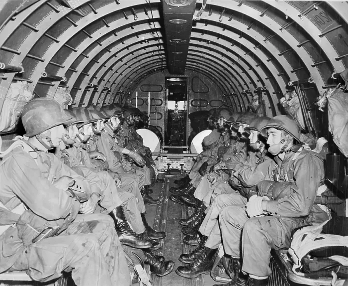 Framed Print : World War II, U.S. paratroopers awaiting orders to jump during maneuvers over England, circa 1942