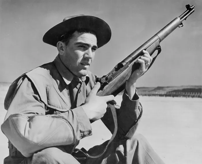 Framed Print : World War II, U.S. soldier ready with rifle, circa 1940-1946