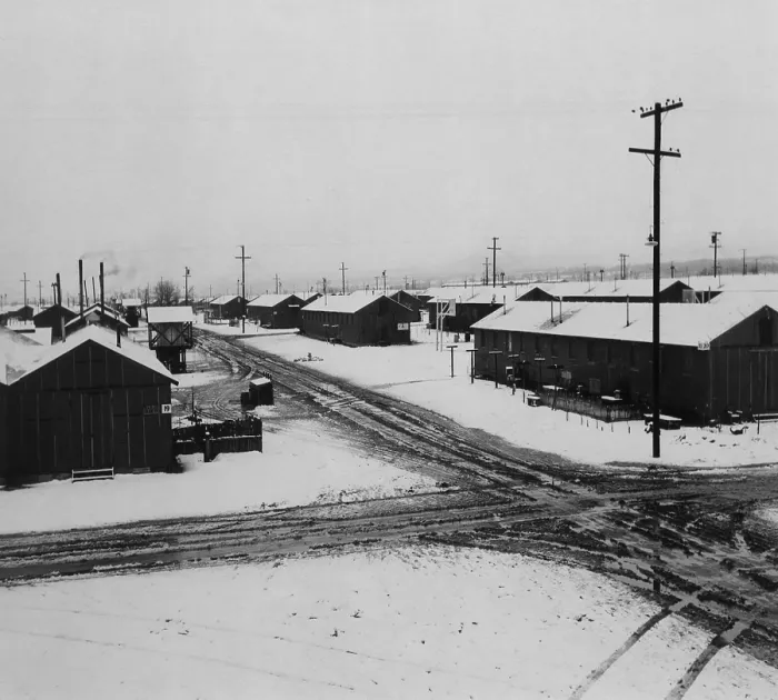 Framed Print : World War II, Winter storm, Manzanar Relocation Center, California. photograph by Ansel Adams. 1943 Framed Print : World War II, Winter storm, Manzanar Relocation Center, California. photograph by Ansel Adams. 1943