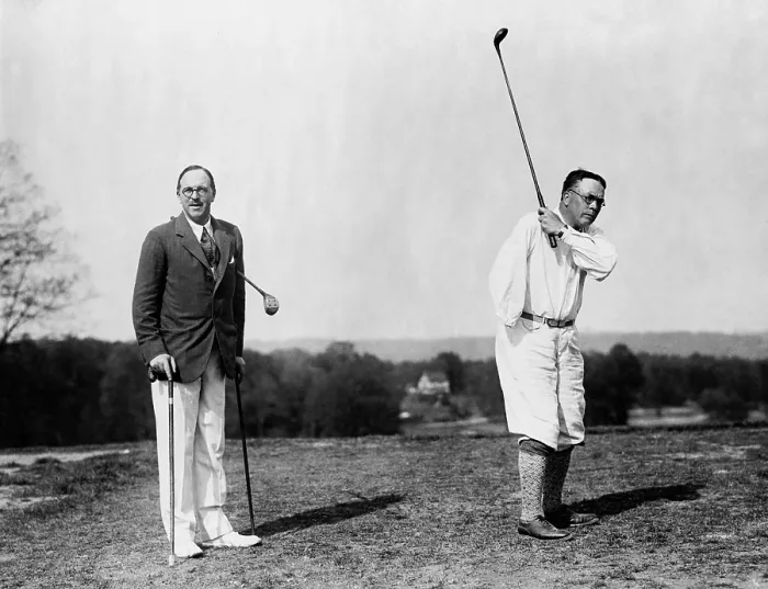 Framed Print : World War veterans play par golf spite of their handicaps. 1920s. Colonel Charles R. Crosfield (left), who uses an artificial leg, and Gen. James A Framed Print : World War veterans play par golf spite of their handicaps. 1920s. Colonel Charles R. Crosfield (left), who uses an artificial leg, and Gen. James A