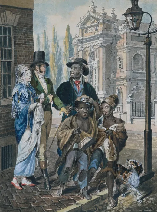 Framed Print : Worldly Folk Questioning Chimney Sweeps Master Before of Christ Church, Philadelphia. Watercolor by John Lewis Krimmel, 1811-13